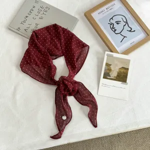 Chic red polka dot chiffon silk scarf with floral knot detail, versatile elegant neckerchief.