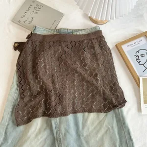 Koreaanse stijl bruine opengewerkte gebreide halve rok gelaagde taille extender chique