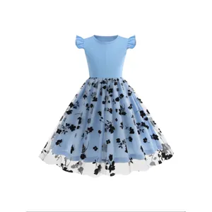 Girls Flocked Floral Mesh Dress Short Sleeve Round Neck High Waist Pleated Party Dress For Kids Sweet Tulle Princess Dress