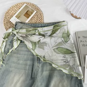 Bloemenprint driehoekige sjaal gelaagde taille rok denim broek mode vrouwen zomer chic!