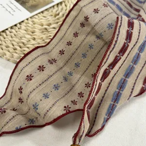 Vintage embroidered fabric ribbon scarf with delicate red and blue floral pattern for women style.