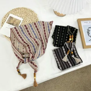 Retro Literary Polyester Triangle Scarf For Women Stripes Floral Print Neckwear Headscarf With Wooden Bead Tassel Pendant Spring Accessories