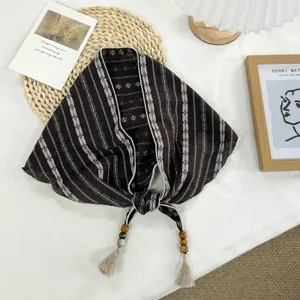 Vintage artistic triangle scarf with beaded tassels, perfect for elegant spring and summer daily wear.