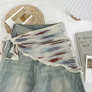 Stijlvolle gelaagde neppe tweedelige denim rok taille sjaal mode accessoire.