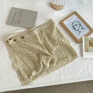 Beige gehaakte detail rok zijknoppen esthetische platte leg decoratie zomer mode stijl