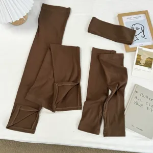 Solid brown knit three-piece accessory set including leg warmers, headband and sleeves.