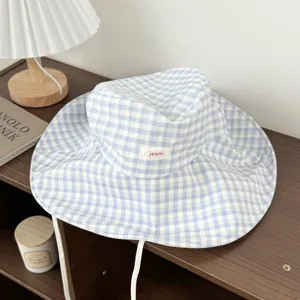 Blue and white gingham bucket hat wide brim sun hat with chin strap for women sun protection