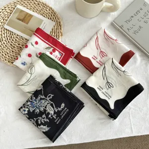 Fashion Cotton Floral Square Scarf Women Elegant Tulip Cherry Printed Neckerchief Office Commute Decorative Head Neck Wrap Scarf