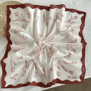 Cotton square scarf with elegant red tulip print and stylish scalloped border for women.