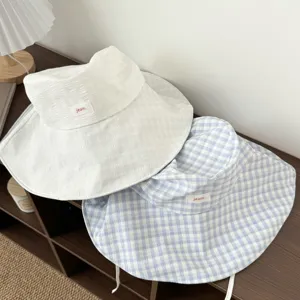 Summer wide brim bucket hat sun protection anti-uv cute ladies fisherman hat blue white style