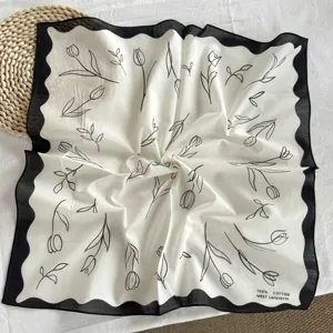 High-end black and white cotton square scarf with tulip print and scalloped edge for women.
