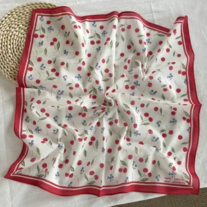 Pure cotton cherry print square scarf, elegant red border daily neckerchief for women.