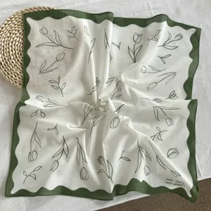 Cotton square scarf with green tulip print and wavy border, chic neckerchief for women.