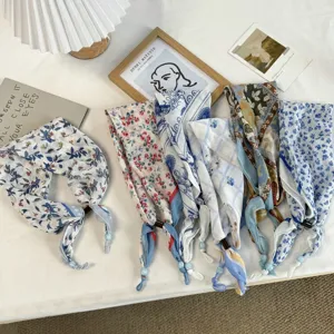 Foulard Pastorale Blu Floreale Con Perline Per Donna Poliestere Regolabile Foulard Decorativo Bandana Collo Cravatta Per Capelli