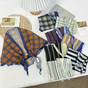 Écharpe Triangle Vintage à Carreaux et Rayures Cache-cou pour Femmes Foulard Enveloppement de Taille Accessoire Polyester