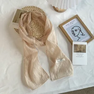 Beige pleated thin mesh narrow neck scarf, elegant Korean style accessory for women.