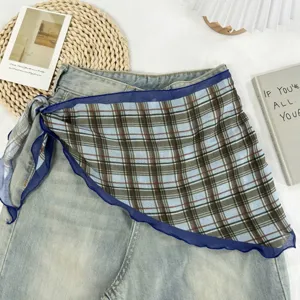 Écharpe transparente à carreaux bleu marron accessoire taille superposition jupe denim chic