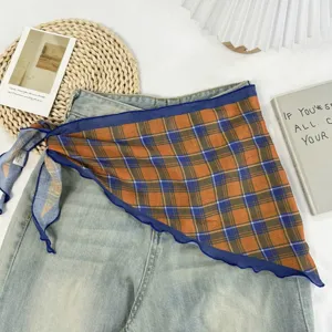 Foulard triangulaire à carreaux orange bleu femme foulard cheveux cou taille accessoire