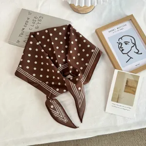 French vintage brown polka dot print diamond silk scarf for women spring summer chic.