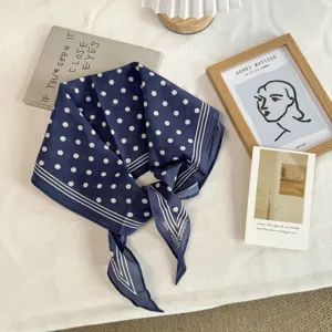French vintage navy blue polka dot printed square scarf, elegant chic women accessory for spring.