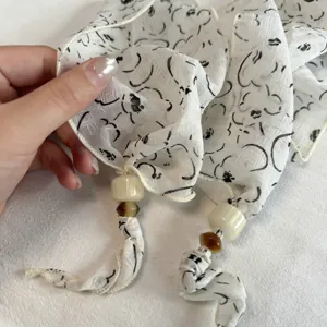 Floral skinny neck scarf with decorative beads, elegant spring summer chiffon neckerchief.