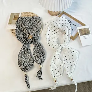 Floral and polka dot neckerchief silk scarf with delicate beads, chic spring summer accessory.