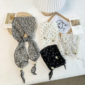 Korean Style Floral Polka Dot Skinny Scarf For Women Spring Thin Long Satin Neck Scarf With Beaded Decoration Artistic Versatile Hair Band
