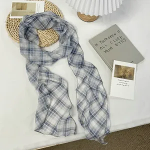 Bufanda larga a cuadros azules para mujer, pañuelo artístico versátil primavera verano cinta de bolso.