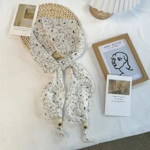 Korean style floral long scarf with beads, elegant lightweight thin neck scarf for women.