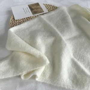 Close up of white knitted scarf detail, soft fluffy fabric texture and elegant shawl design.