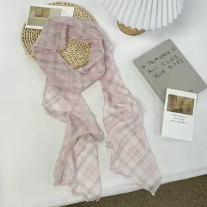 Bufanda larga de seda a cuadros rosa, pañuelo transparente ligero, accesorio de cinta para el pelo.