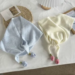 Korean style knitted triangle scarf with cute plaid tulip pendant, sweet and versatile shawl.