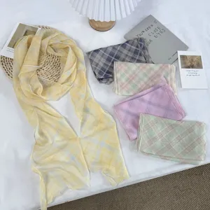 Vintage Geruite Sjaal Ketting Voor Vrouwen Retro Pastorale Bedrukt Gestreept Lange Sjaal Dunne Polyester Golvende Rand Sieraden