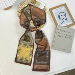 Élégant foulard étroit cachemire marron pour femmes, élégant bandeau et foulard de cou en soie.
