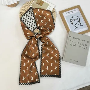 Écharpe longue et étroite effet soie femme imprimé cheval chic pied-de-poule foulard bandeau
