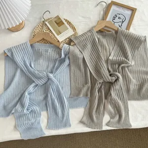 Châle en Tricot Femme Été Mince Soie de Glace Tricoté Haussement d'Épaules Envelopper Ajouré Cape à Lacets pour Protection Solaire