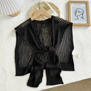 Écharpe châle en tricot ajouré noir pour femmes, cape d'été légère à nouer.