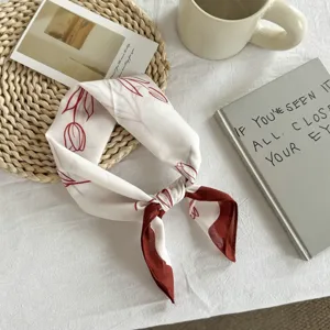 White silk neck scarf with red tulip floral pattern, elegant square scarf for women.