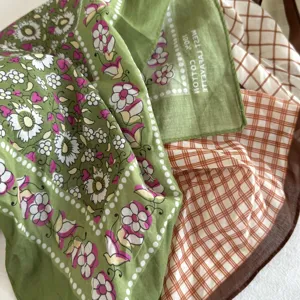 Vintage floral and plaid cotton square scarf, premium fabric detail view, retro style accessory.