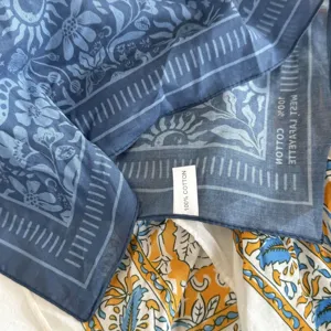 Pañuelo cuadrado vintage de algodón azul con estampado floral para mujer, ligero.