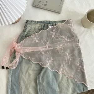 Roze bloanten kant mesh taille wrap rok denim jeans gelaagde mode decoratieve accessoire