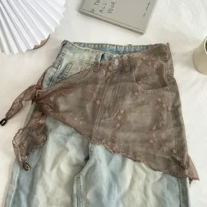 Chique vrouwen kant mesh gelaagde tailleomslag rok met vintage denim broek detail