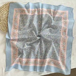 Retro floral cotton square scarf for women, elegant light blue neck scarf, spring accessory.