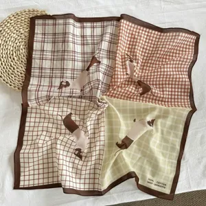 Japanese vintage plaid cotton small square scarf with cute cartoon dog print, stylish neckerchief.