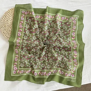 Green cotton floral square scarf, vintage design, stylish accessory for daily wear.