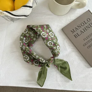 Retro green floral cotton square scarf, versatile hair band and neckerchief for women.