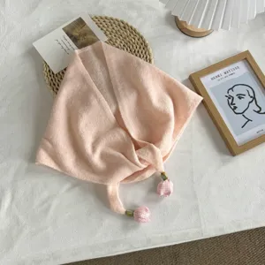 Pink knitted triangular scarf with cute plaid pendant ties, stylish solid color spring shawl.