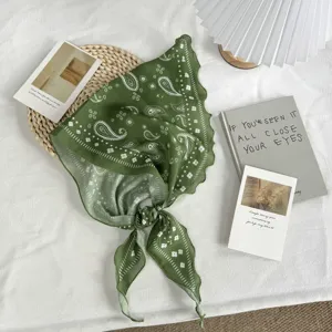 Green vintage paisley triangle scarf bandana, stylish women's neckerchief hair band for spring summer.