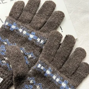 Brown Fair Isle knit gloves for women, warm winter five-finger thermal gloves, cozy jacquard.