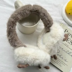 Winter plush earmuffs for women, cute brown and white fuzzy ear warmers with paws.